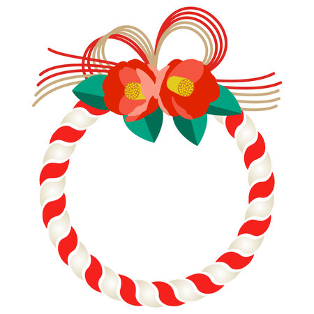 A color illustration of a red camellia decorating shrines with ropes for New Year.ãAn illustration of Japanese New Year's decorations.のイラスト素材