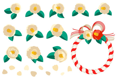 A color illustration of white camellia and decorating shrines with ropes for New Year.ãThis is an illustration of Japanese New Year decorations.のイラスト素材
