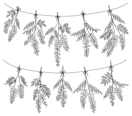 This is an illustration of a garland of mimosa flowers hanging on a string. A simple black and white line drawing of a mimosa.のイラスト素材