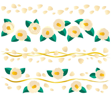 This is a decorative line illustration of a white camellia.ãA set illustration of white camellia flowers and petals.のイラスト素材