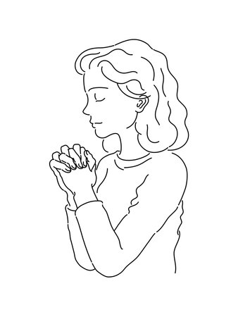 An illustration of the upper body of a woman praying. A simple black and white line drawing.のイラスト素材