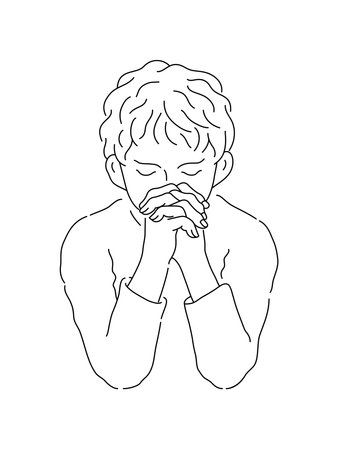 This is an illustration of a man praying with his hands folded. It's a simple illustration drawn using only black lines.のイラスト素材