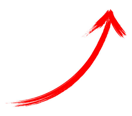 A brush-drawn arrow icon rising diagonally to the right. An illustration of a red arrow.のイラスト素材