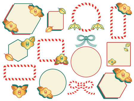 This is a set of decorative frames in the Japanese style of camellia. This simple decorative frame was created using the motif of a sacred rope and mizuhiki.のイラスト素材