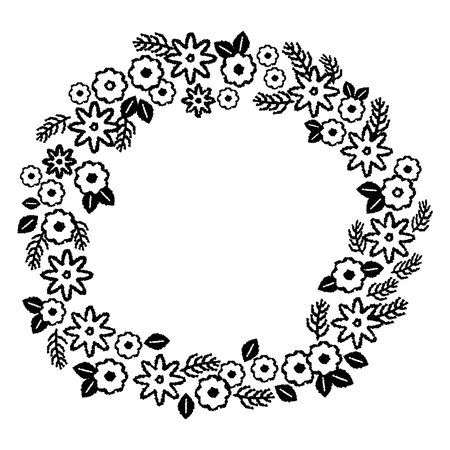 This is a decorative frame illustration of a floral wreath. It is a cute line drawing drawn with black lines.のイラスト素材