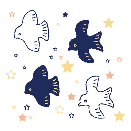 This is a color illustration of a bird in Scandinavian style. This is a line drawing of a bird flying in the sky against a starry sky.のイラスト素材