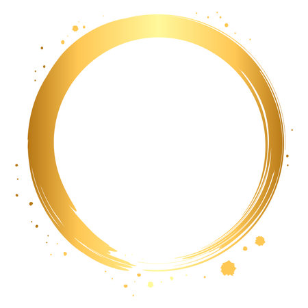 This is a Japanese-style frame of golden circles drawn with a brush. It is a circular decorative frame with a single brush stroke.のイラスト素材