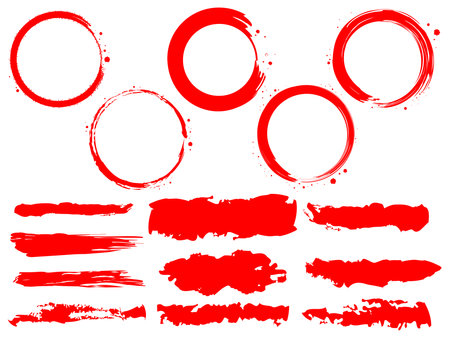 A material illustration of red straight lines and circles drawn with a calligraphy brush. Japanese-style material of straight lines and circles drawn in one stroke.のイラスト素材