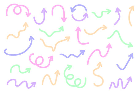 Pastel Color Hand-Drawn Cute Arrow Icon Set. A set of hand-drawn colorful arrow icons.のイラスト素材