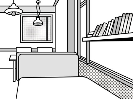Monochrome Interior Illustration of an Empty Cafe. Simple Illustration of a Cafe Interior with Books on Shelves.のイラスト素材