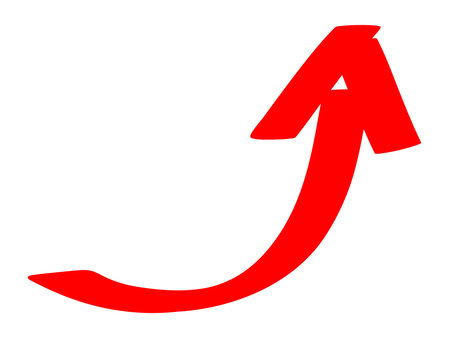 Red upward arrow icon illustration representing growth, success, and business improvement. Upward arrow illustration drawn with a marker pen.のイラスト素材
