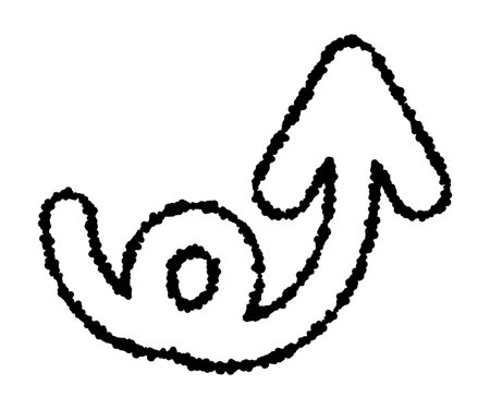 A black arrow icon drawn in crayon with a curly swirl at the top right. A simple and cute black arrow icon.のイラスト素材
