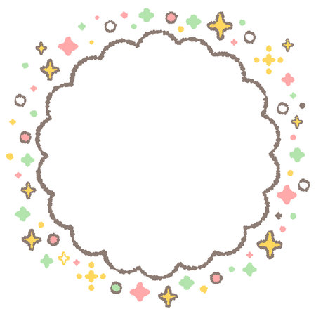 Fluffy Round Frame Surrounded by Sparkling Marks. This is a cute decorative frame line drawing with a crayon touch and space for copying.のイラスト素材