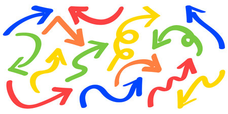 Set of colorful hand-drawn arrow icons. A set of arrow icons pointing in various directions.のイラスト素材