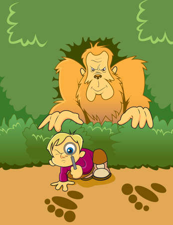 A young boy holding a magnifying glass and inspecting footprints as he looks for Sasquatch while Bigfoot stands behind him in the foliage of the wildernessの写真素材