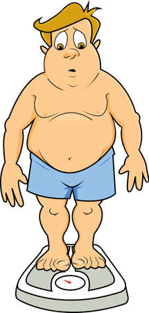 An overweight man in underwear standing on a scale looking down at the number and looking surprisedの写真素材