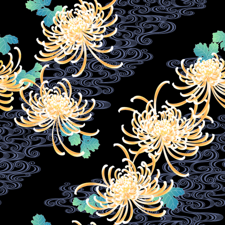 Japanese style chrysanthemum pattern Design of Japanese style Chrysanthemum flower It is used for a kimono This painting continues repeatedlyのイラスト素材