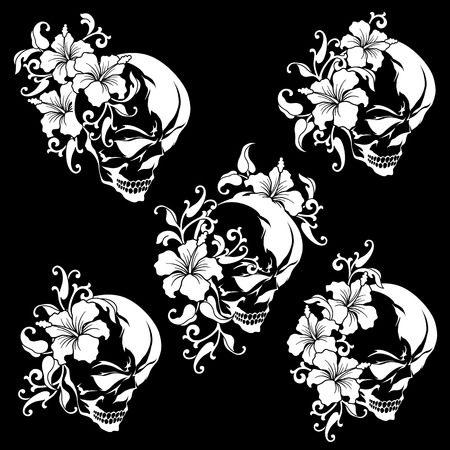Illustration of a scull and the Hibiscus, I matched a flower with the skull and made an illustrationのイラスト素材