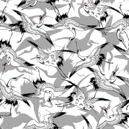 Japanese style crane pattern, I drew a crane in Japanese technique, I continue seamlesslyのイラスト素材