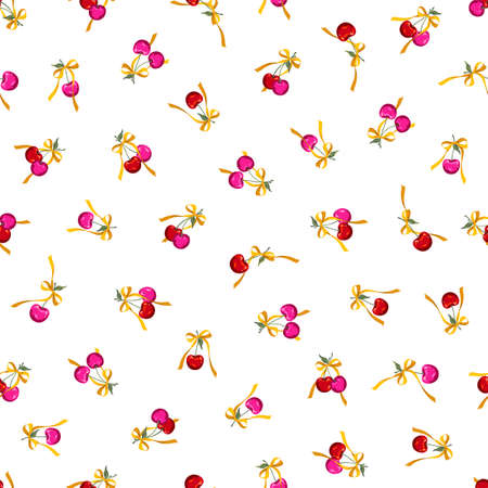 A seamless pattern of cherries bundled with a ribbon,のイラスト素材