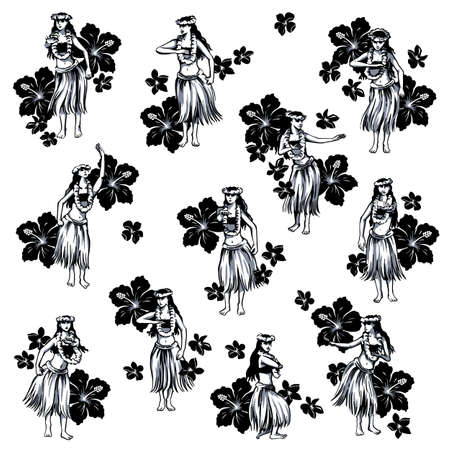 Material collection of women dancing beautiful hula,のイラスト素材
