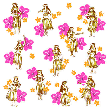 Material collection of women dancing beautiful hula,のイラスト素材