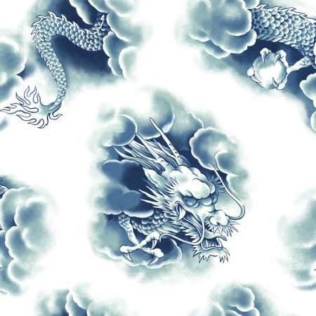Japanese dragon pattern drawn by hand,
Half step repeat Up and down is vertical movement and horizontal is half shift repeat,の写真素材