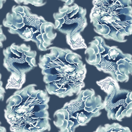 Japanese dragon pattern drawn by hand,
Half step repeat Up and down is vertical movement and horizontal is half shift repeat,の写真素材