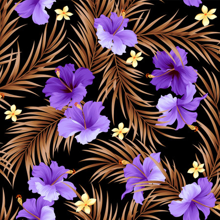 Beautiful tropical flowers and plants seamless pattern,のイラスト素材