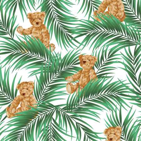 Seamless pattern with tropical plants and cute bears,のイラスト素材