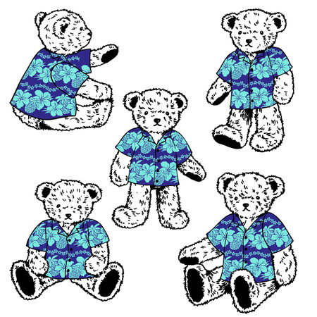 Collection of cute bears wearing Aloha shirts,のイラスト素材