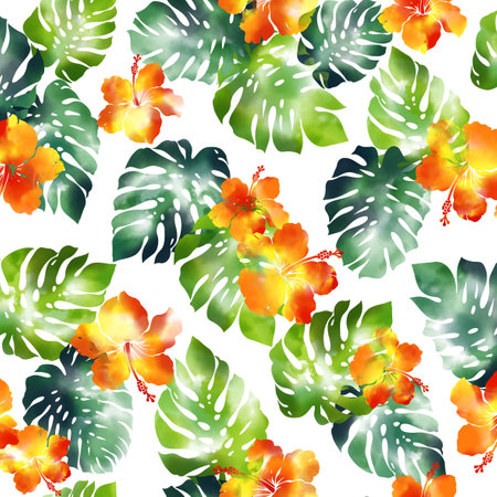 Hand-drawn Aloha shirt pattern of tropical plants,の写真素材