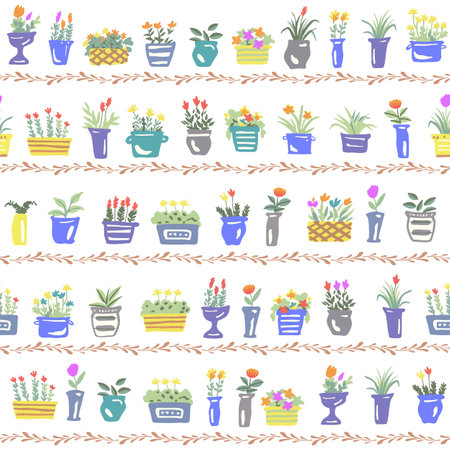 Seamless pattern with flowers in pots. Hand drawn vector illustration.のイラスト素材