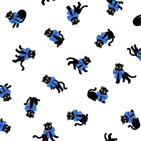 Seamless pattern with black cats in blue bows on white backgroundのイラスト素材