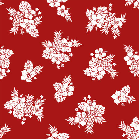 Cute hibiscus and pineapple textile pattern,のイラスト素材