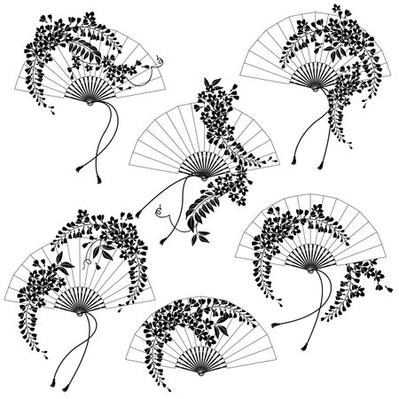 Material combining Japanese folding fan and flowers,のイラスト素材