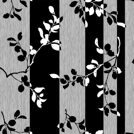 Seamless pattern with black and white leaves on striped background.のイラスト素材