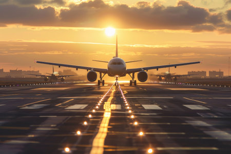 Airplane on the runway of the airport at sunset. 3d renderingの素材