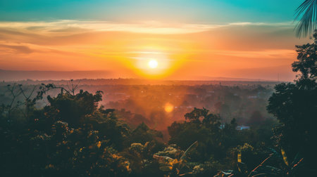 Beautiful sunrise over the city. Panorama of the city.の素材