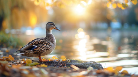 Beautiful mallard duck on the bank of the lake in autumnの素材