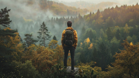Man with a backpack standing on top of a rock in the autumn forestの素材