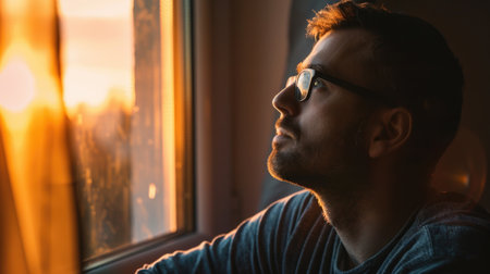 Portrait of a young man looking out the window at sunset.の素材