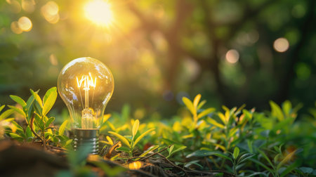 Light bulb glowing in the garden with bokeh background, idea concept.の素材