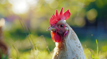 Portrait of a rooster on a background of green grass.の素材