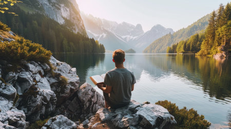 Man sitting on the edge of a mountain lake and reading a bookの素材