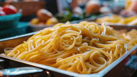 close up of a plate of cooked spaghetti noodlesの素材