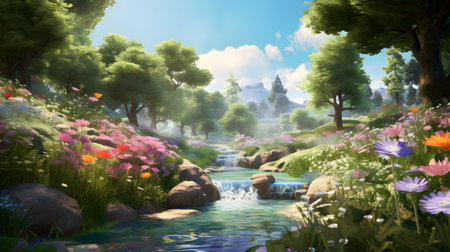Beautiful landscape with a river and flowers. Digital painting illustration.の素材
