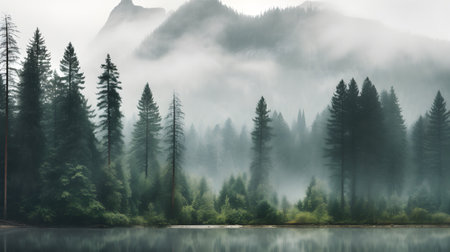 Mountain lake in the morning fog with coniferous trees.の素材