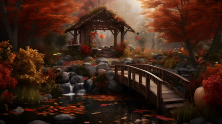 Autumn Japanese garden with pond and gazebo,3d renderの素材