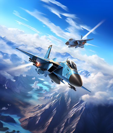 futuristic fighter jet flying in the blue sky. 3d renderの素材